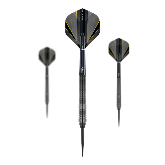 Auf dem Bild sind drei Steeldarts des Modells "Red Dragon Seren 2 Onyx" zu sehen. Die Darts haben schwarze Spitzen und auffällige Flights mit gelben Linien.