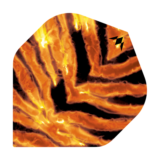 Das Bild zeigt das Produkt "Mission Solo Javan No2 Standard Flights". Das Design ist in leuchtenden Orange- und Schwarztönen gehalten und erinnert an lodernde Flammen oder ein Tiermuster.