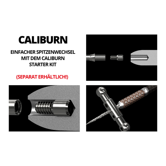 Das Bild zeigt die Steeldartspitzen "Caliburn System Spiro No Lip Gold 28mm" und ihre Einzelteile. Es werden die Montage und der Einbau der Spitzen veranschaulicht.