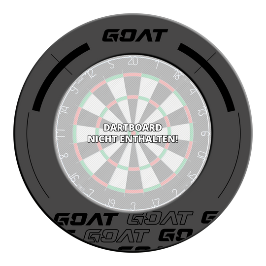 Das Bild zeigt den GOAT Defender 3 Anthrazit Dartboard Surround, der um eine Dartscheibe gelegt wird. In der Mitte steht der Hinweis: "Dartboard nicht enthalten!"