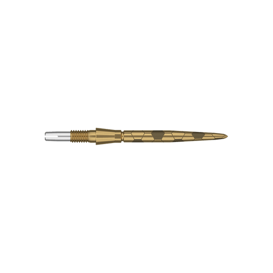 Špičky na šipky Target Swiss Storm Onyx Point - zlaté Das Bild zeigt eine goldfarbene Dartspitze mit feinen eingravierten Mustern. Sie hat eine schlanke, spitz zulaufende Form und ist 26 mm lang.