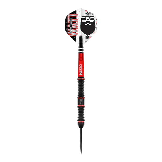 Ocelové šipky Red Dragon Jason Watt - 22g Das Bild zeigt den "Red Dragon Jason Watt Steeldart - 22g". Der Dartpfeil hat ein auffälliges Design in Schwarz, Rot und Weiß mit dem Namen „Watt“ und einem Bartmotiv auf der Flights.