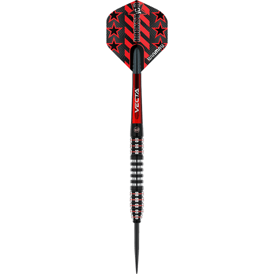 1483_Winmau_Joe_Cullen_Ignition_Series_Steeldarts_11w1LxS27IDqWq Das Bild zeigt einen modernen Steeldartpfeil mit schwarzer und roter Farbgebung. Auf dem Flight sind rote Sterne und der Schriftzug "Rockstar" zu sehen.
