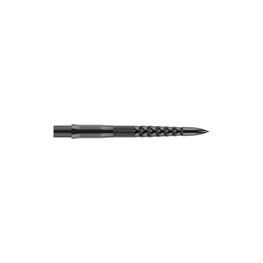 Špičky na šipky Mission Caliburn EVO - Ripple - černé Das Bild zeigt eine schwarze Steeldartspitze mit einer gerippten Oberflächenstruktur. Die Spitze ist gerade und hat eine Länge von 26 mm.