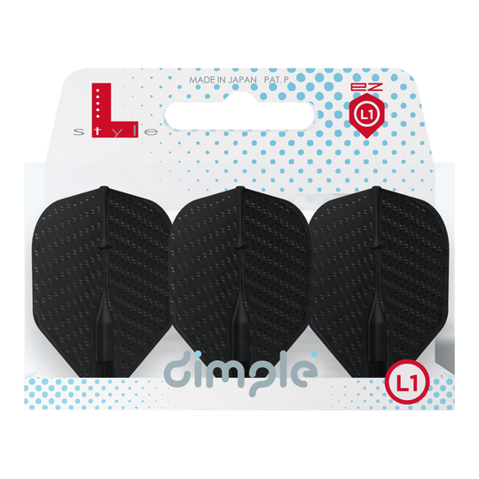 Letky ve stylu L Dimple Champagne L1EZ Standard Auf dem Bild sind drei schwarze Dart-Flights in einer Verpackung zu sehen. Die Verpackung trägt die Aufschrift "dimple" und "L1" und ist von der Marke L-Style.