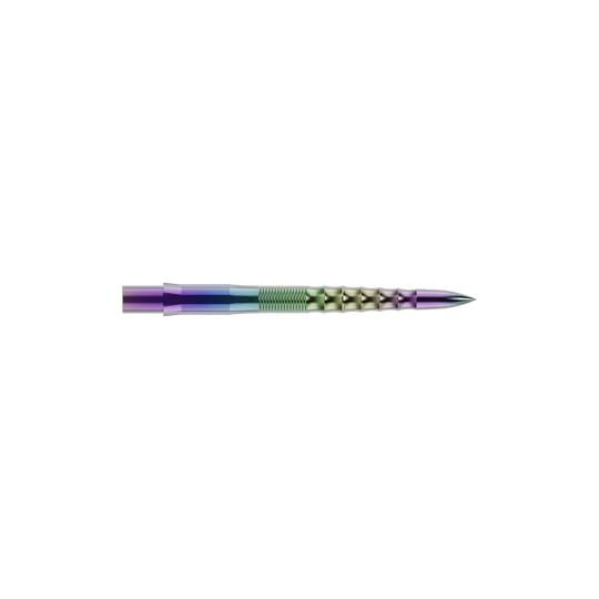 Špičky na šipky Mission Caliburn EVO - Ripple - Coral Auf dem Bild ist eine bunte Steeldartspitze mit wellenförmigem Design zu sehen. Sie hat eine glänzende Oberfläche mit Farbverlauf und ist wahrscheinlich aus Metall gefertigt.