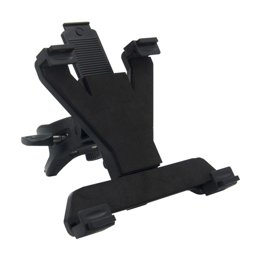 GRN0040_GranBoard_Tablet_Holder_1XQN5rpg5pyAvU Das Bild zeigt den GranBoard Tablet-Halter. Er ist schwarz und hat verstellbare Klammern, um ein Tablet sicher zu befestigen.
