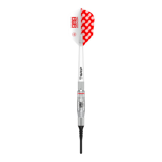Auf dem Bild ist ein Bulls Niko Springer Softdart mit einem Gewicht von 22g zu sehen. Das Dart hat ein silbernes Barrel, einen weißen Schaft und ein Flight mit rotem Muster.
