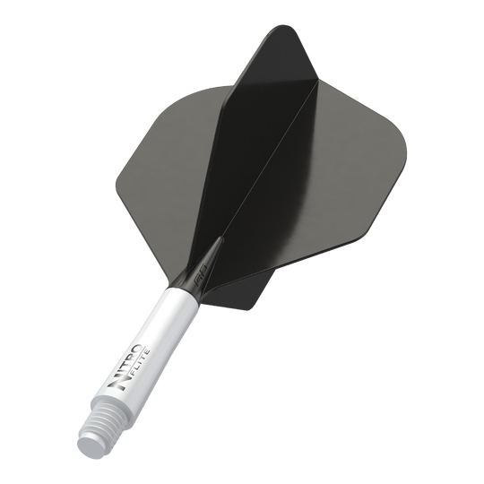 Red Dragon Nitroplte - White Shaft Black No2 Flights Das Bild zeigt einen schwarzen Dart-Flügel mit einem weißen Schaft. Auf dem Schaft steht der Text "NITRO FLITE".