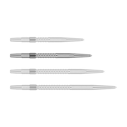 Zaměřte hroty šipek Swiss Firepoint Silver Auf dem Bild sind vier silberne Dartspitzen nebeneinander zu sehen. Sie haben eine geriffelte Oberfläche und sind spitz zulaufend.