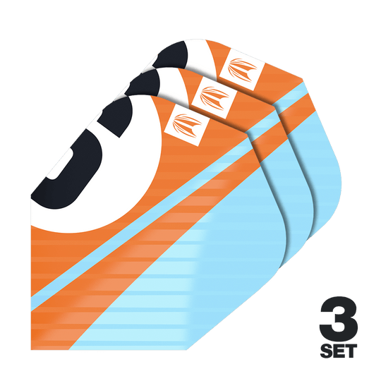 Lety Target Pro Ultra Chicane Orange Ten-X – 3 sady Das Bild zeigt drei Sätze Target Pro Ultra Chicane Orange Ten-X Flights. Die Flights sind orange und hellblau mit einem auffälligen Design.