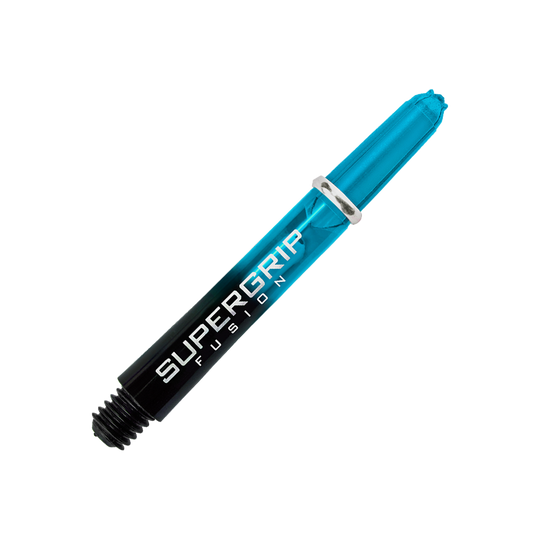Das Bild zeigt einen Harrows Supergrip Fusion Shaft in der Farbe Aqua. Der Schaft ist teilweise durchsichtig und trägt die Aufschrift "SUPERGRIP FUSION".