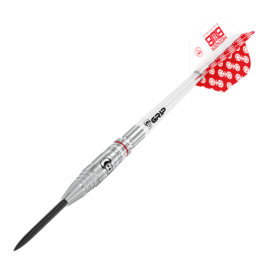 Ocelové šipky Bulls Niko Springer Das Bild zeigt einen Bulls Niko Springer Steeldart. Der Dartpfeil ist silberfarben und hat rote und weiße Flights mit Muster.