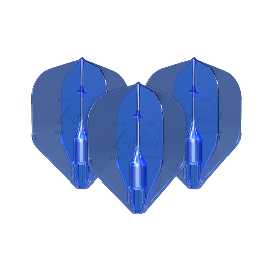 Fantom L1EZ Flights Blue ve stylu L Das Bild zeigt drei blaue L-Style Fantom L1EZ Flights. Sie sind für den Gebrauch bei Dartpfeilen gedacht.