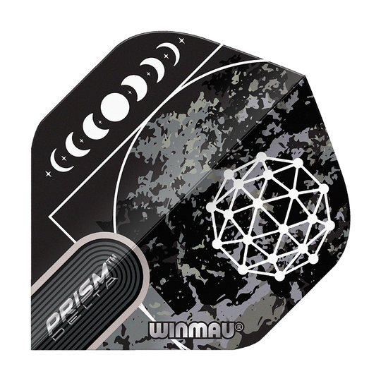 Das Bild zeigt das Produkt "Winmau Prism Delta Callisto No2 Standard Flights". Es hat ein schwarzes Design mit Mondphasen und geometrischem Muster.
