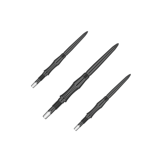 Špičky na šipky Target Swiss Point Signature RST - černé Das Bild zeigt schwarze Dartspitzen mit RST-Design, 30mm, von Target Swiss Point. Die Aufnahme präsentiert die Spitzen als Set.