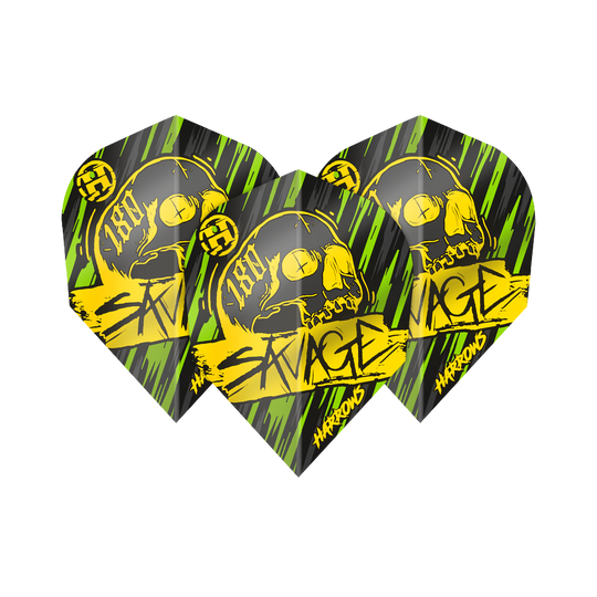 Die Abbildung zeigt die Harrows Savage Yellow Green No6 Flights. Das Design ist schwarz mit gelb-grünen Akzenten, einem Totenkopf und dem Schriftzug „SAVAGE“.