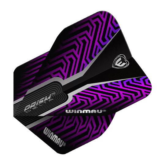 Das Bild zeigt ein Winmau Prism Delta Kairos No2 Standard Dart-Flight in Lila. Das Flight hat ein auffälliges, lilafarbenes Muster mit schwarzen und silbernen Akzenten.