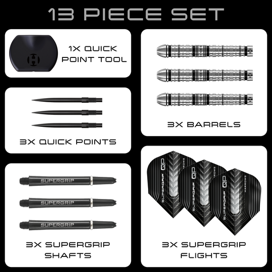 Zu sehen sind die Harrows Supergrip QP Tapered Quick Point Steeldarts. Diese Darts bieten eine hochwertige Verarbeitung für optimale Spieleigenschaften.