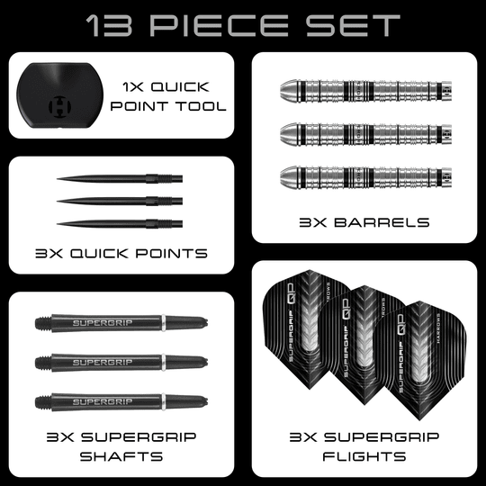 Harrows Supergrip Tapered Quick Point ocelové šipky Zu sehen sind die Harrows Supergrip QP Tapered Quick Point Steeldarts. Diese Darts bieten eine hochwertige Verarbeitung für optimale Spieleigenschaften.