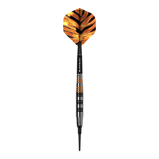 Šipky Mission Javan Brass Soft - 18g Das Bild zeigt einen Softdart namens "Mission Javan Brass Softdarts - 18g". Der Dart hat eine schwarz-orangene Spitze und eine Flügel mit einem Tigerstreifenmuster.