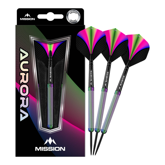 Ocelové šipky Mission Aurora Coral PVD - 23g Das Bild zeigt eine Packung mit Mission Aurora Coral PVD Steeldarts in 23g. Die Darts haben ein auffälliges, buntes Design mit schwarzen, grünen, pinken und blauen Akzenten.