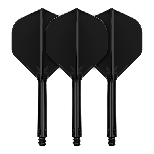 Standardní letový systém Target K-Flex No2 - černý Auf dem Bild sind drei schwarze Dartflights mit Schaft zu sehen. Sie stehen nebeneinander und haben eine standardmäßige, gerade Form.