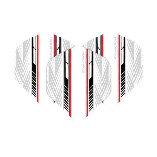 Letky pro pětiboj bílé/černé/červené Das Bild zeigt die Pentathlon White Black Red No2 Standard Flights. Die Flights haben ein weißes Grunddesign mit schwarzen und roten Streifen sowie grafischen Mustern.