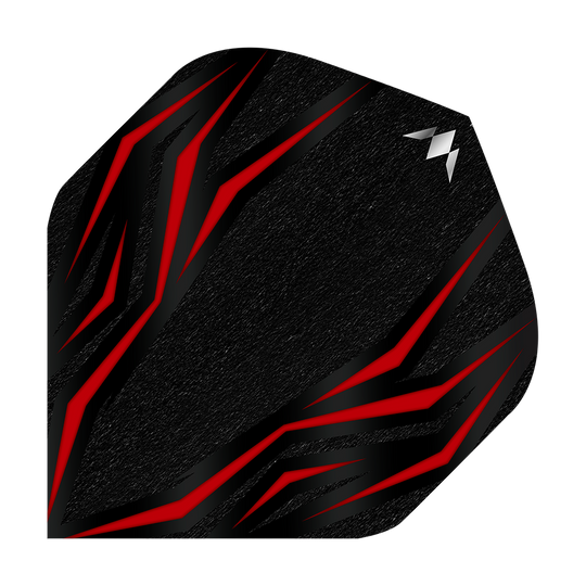 Standardní lety Mission Lava Red No2 Das Bild zeigt ein schwarzes Dartflight mit roten, flammenartigen Linien. In der oberen rechten Ecke befindet sich ein kleines, silbernes Logo.