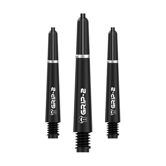 Das Bild zeigt drei schwarze Bulls B-Grip-2 SL Shafts für Dartpfeile. Die Shafts haben ein schlichtes Design mit weißer Aufschrift und silbernem Ring.
