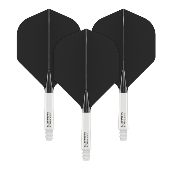 Red Dragon Nitroplte - White Shaft Black No2 Flights Auf dem Bild sind drei schwarze Dartflights mit weißen Schäften zu sehen. Auf den Schäften steht der Schriftzug „NITRO FLITE“.