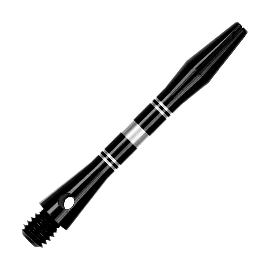 Hliníkové hřídele s kroužky - černo-stříbrné Auf dem Bild sind Aluminium Shafts in Schwarz und Silber zu sehen. Das Produkt wird aus einer anderen Perspektive gezeigt.