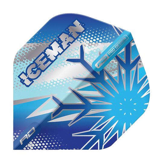Standardní lety Red Dragon Gerwyn Price Blue Flake No2 Das Bild zeigt ein Dart-Flight mit frostigem, blauem Design und einer großen Schneeflocke. Auf dem Flight steht das Wort "ICEMAN" in auffälligen Lettern.
