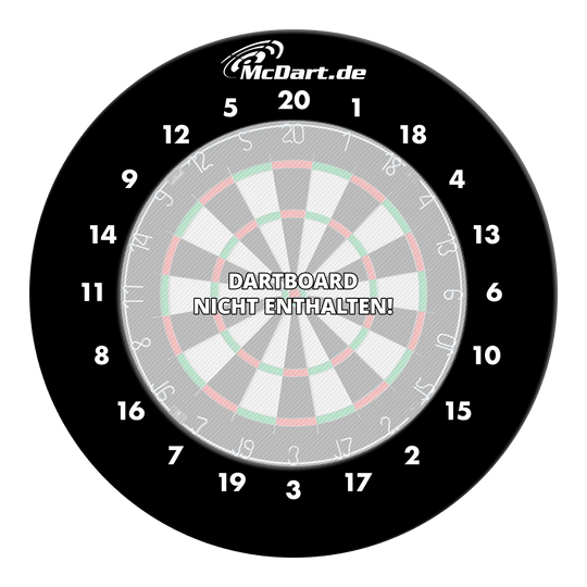 McDart HD Zahlen Surround Das Bild zeigt einen schwarzen Dartboard-Surround mit weißen Zahlen und dem Logo "McDart.de" oben. In der Mitte steht der Hinweis "DARTBOARD NICHT ENTHALTEN!".