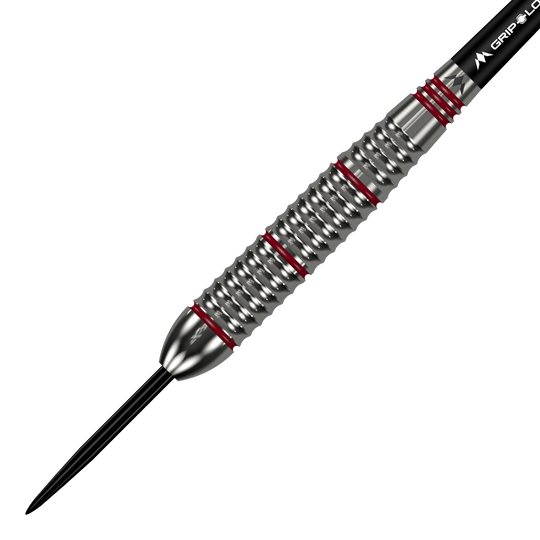 Šipky Mission Rogue Brass Steel - 22g Das Bild zeigt einen Mission Rogue Brass Steeldart mit einem Gewicht von 22 Gramm. Der Dartpfeil hat ein silbernes, geriffeltes Barrel mit roten Akzenten.