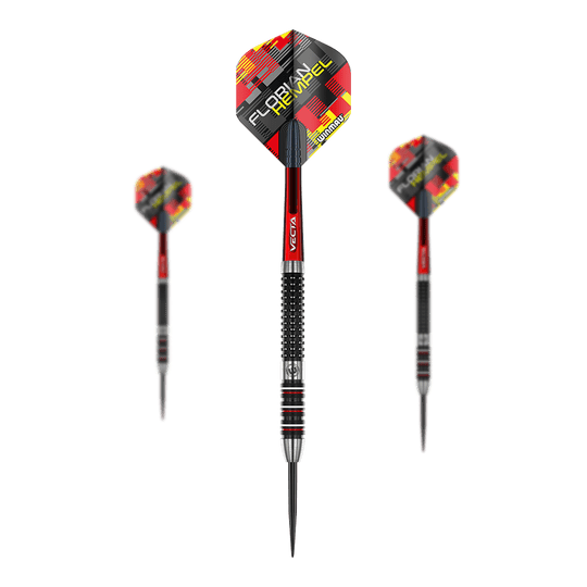 Ocelové šipky Winmau Florian Hempel Auf dem Bild sind drei Steeldarts mit schwarzer, roter und silberner Farbgebung zu sehen. Auf den Flights steht der Name "Florian Hempel" sowie das Logo von Winmau.