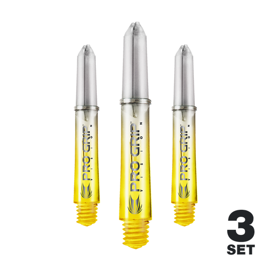 Násadky Target Pro Grip Vision - 3 sady - žluté Auf dem Bild sind drei gelbe Pro Grip Vision Shafts für Darts zu sehen. Unten rechts steht, dass es sich um ein 3er-Set handelt.