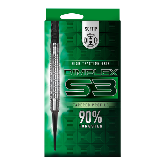 Šipky Harrows Dimplex S3 Tapered Soft Das Bild zeigt die Verpackung der "Harrows Dimplex S3 Tapered Softdarts". Auf der Packung steht, dass die Darts einen hohen Grip und einen 90%igen Tungsten-Anteil haben.