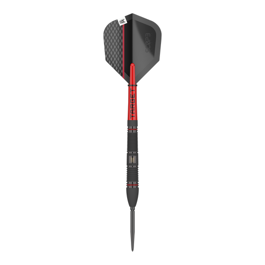 Ocelové šipky Target Scope 02 Swiss Point Das Bild zeigt einen Target Scope 02 Swiss Point Steeldart. Der Dart ist schwarz und rot gestaltet und hat eine strukturierte Spitze sowie ein modernes Flight-Design.