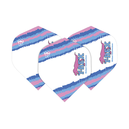 Das Bild zeigt drei Dart Flights der Marke "Bulls Metrixx Michael Unterbuchner No2 Standard Flights". Die Flights sind weiß mit blauen, rosa und lila Streifen sowie dem Aufdruck "HEX" und einem Stier-Logo.