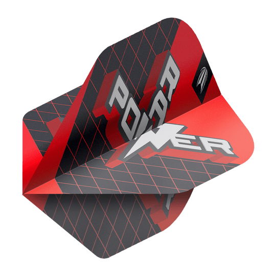 Dies ist ein Target Pro Ultra Phil Taylor Power 9Five GEN11 No2 Standard Dartflight. Das Design ist überwiegend schwarz und rot mit einem grafischen "POWER"-Schriftzug.