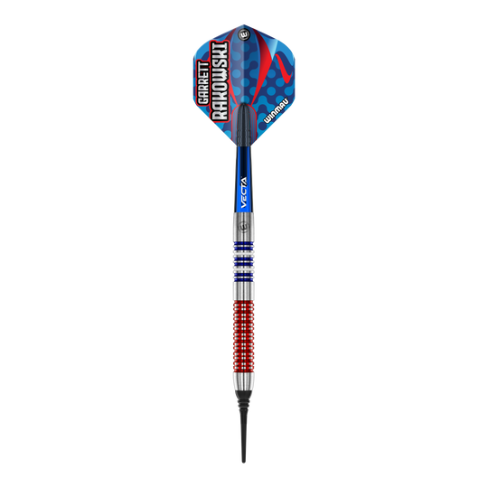 Winmau Garrett Rakowski měkké šipky - 20g Das Bild zeigt einen Winmau Garrett Rakowski Softdart mit einem Gewicht von 20g. Der Dart hat ein farbenfrohes, modernes Design mit blauen, roten und silbernen Elementen.