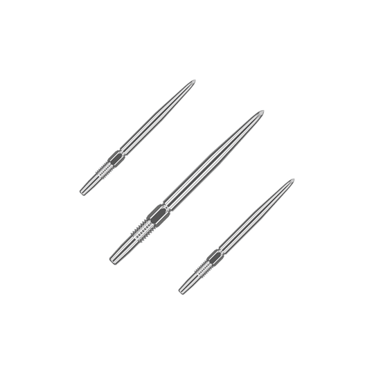 Zaměřte hroty šipek Swiss Point Silver Das Bild zeigt drei silberne Dartspitzen, die nebeneinander liegen. Sie sind lang und schmal mit gerillten Griffbereichen.