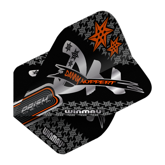 Das Bild zeigt die Winmau Prism Delta Danny Noppert Black Signature No2 Standard Flights. Die Flights sind schwarz mit silbernen und orangefarbenen Sternen und dem Namen "Danny Noppert" bedruckt.