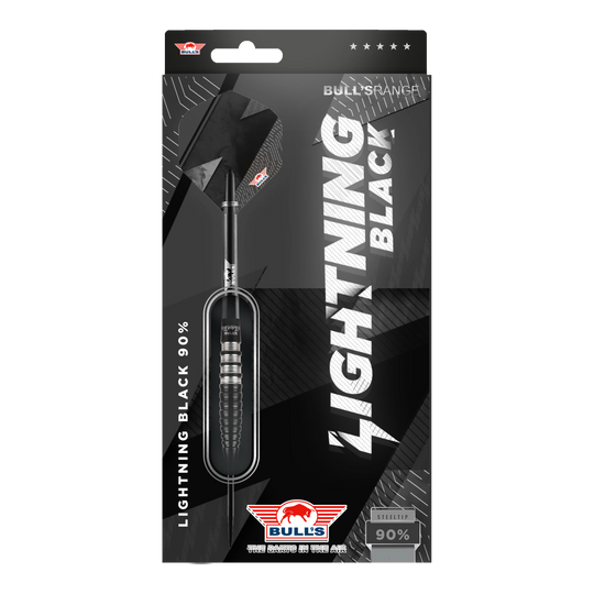 Šipky Bulls NL Lightning černé ocelové Das Bild zeigt die Verpackung der "Bulls NL Lightning Black Steeldarts". Die Darts haben ein schwarzes Design und bestehen zu 90% aus Tungsten.