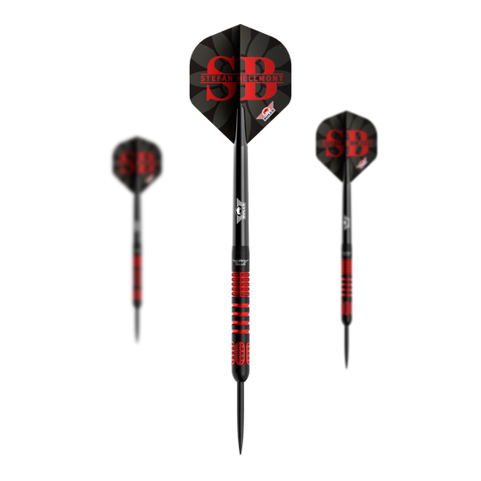 Ein Satz Bulls NL Stefan Bellmont 90 Steeldarts mit 23 Gramm ist abgebildet. Die Darts sind speziell für das Steeldartspiel entwickelt.