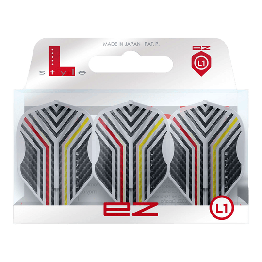 Letky L-Style Arno Merk V1 Clear White L1EZ L-Style Arno Merk V1 Clear White L1EZ Flights werden als Set mit transparentem Design gezeigt. Die spezielle Form und Farbe sind erkennbar.