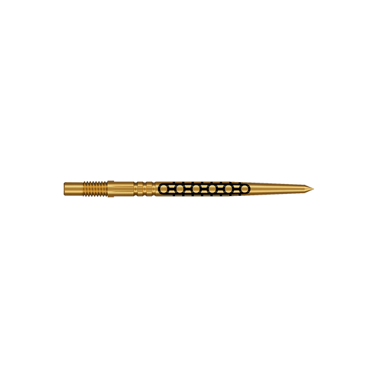 Špičky na šipky Shot Turbo Point Goths - zlaté Zwei kurze Dartspitzen in glänzender Goldfarbe werden dargestellt. Sie haben ein feines, geriffeltes Design.