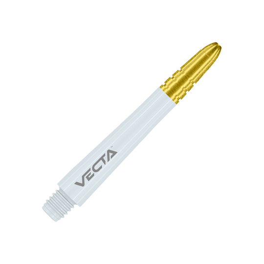 Winmau Vecta Shafts - Weiß Gold Das Bild zeigt einen weißen Dart-Schaft mit einer goldenen Spitze. Auf dem Schaft steht das Wort "VECTA".