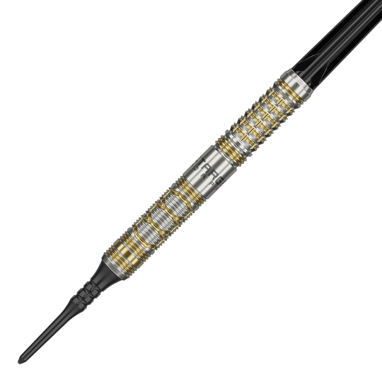 Das Bild zeigt den Softdart "Target Japan Black Marque Reyn GEN2" mit einem Gewicht von 17,5 g. Der Dartpfeil hat ein silbernes Design mit goldenen Akzenten und einer schwarzen Spitze.